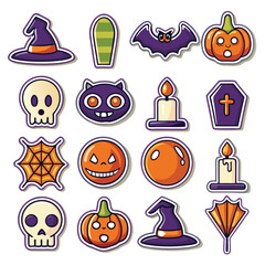 Colorful halloween stickers featuring pumpkins bats skulls witch hats and other spooky elements