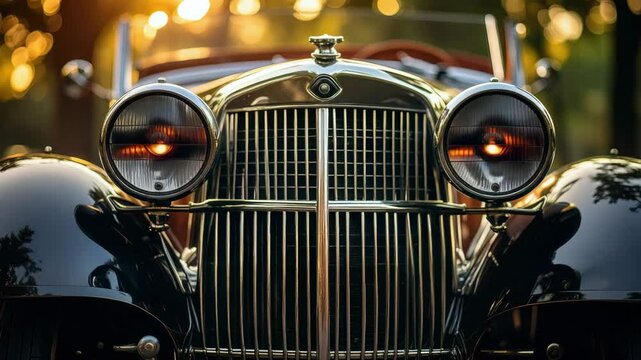 Classic car exhibiting chrome grille and illuminated headlights at sunset.