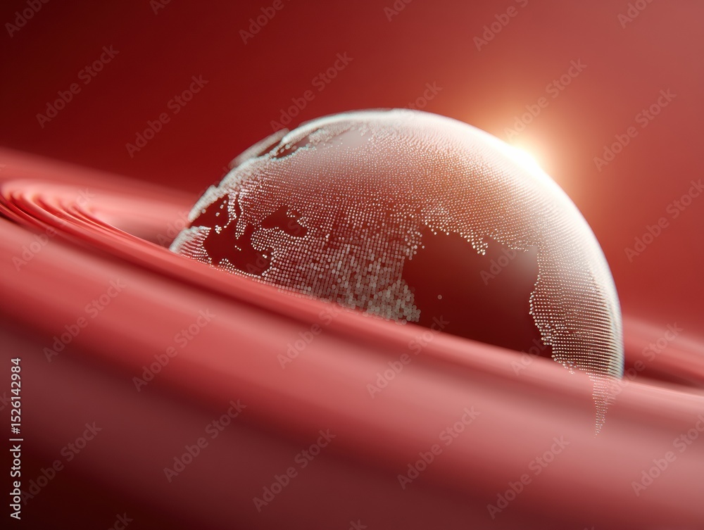 Poster Digital Telemetry Globe with Data Streams and Futuristic Interface Elements in Red for Global Network Visualization and Tech Innovation