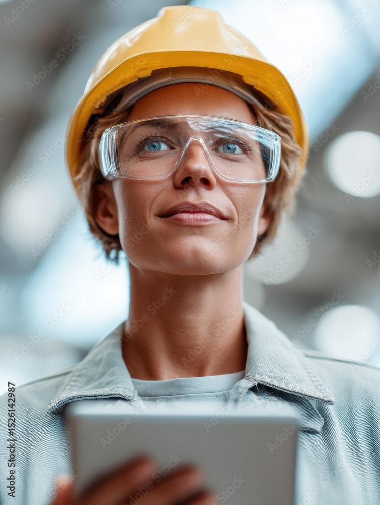 Poster female telemetry engineer in safety gear using tablet for smart factory diagnostics with 5g remote m