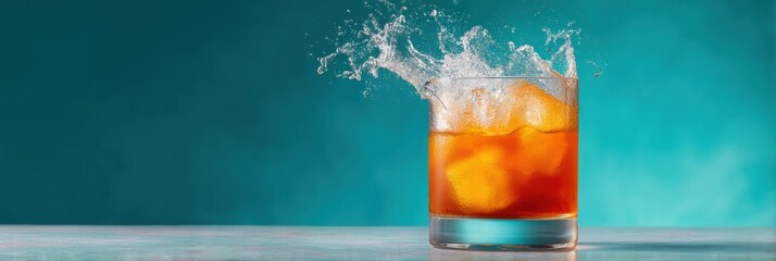 Premium tequila whiskey glass with ice cubes splash effect, dynamic liquid motion, luxury spirits presentation for modern beverage branding and advertising