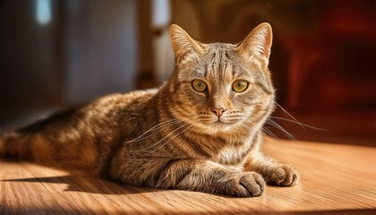 Indoor Morning Sunlight Bathes a Gorgeous Grey Tabby Cat on a Wooden Floor, Basking in the Soft Rays, Embracing Peace and Tranquility