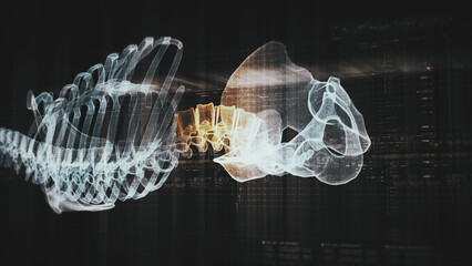 Futuristic biomedical concept with advanced holographic scanning and HUD diagnosing spinal disc herniation using 3D holograms of a patient’s backbone, AR, and real-time medical imaging