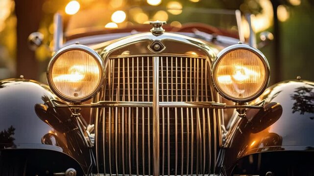 Classic automobile showcasing its elegant golden grille and illuminated headlights.