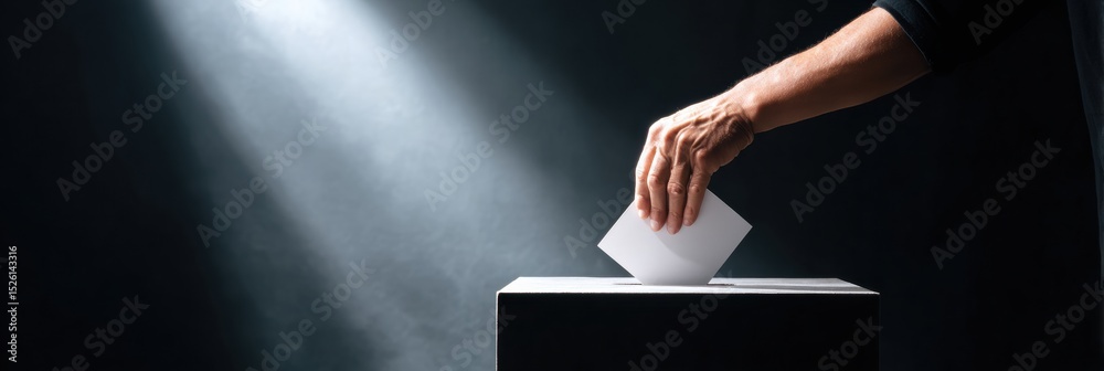 Poster modern civic engagement concept hands inserting official ballot into secure voting box with dramatic