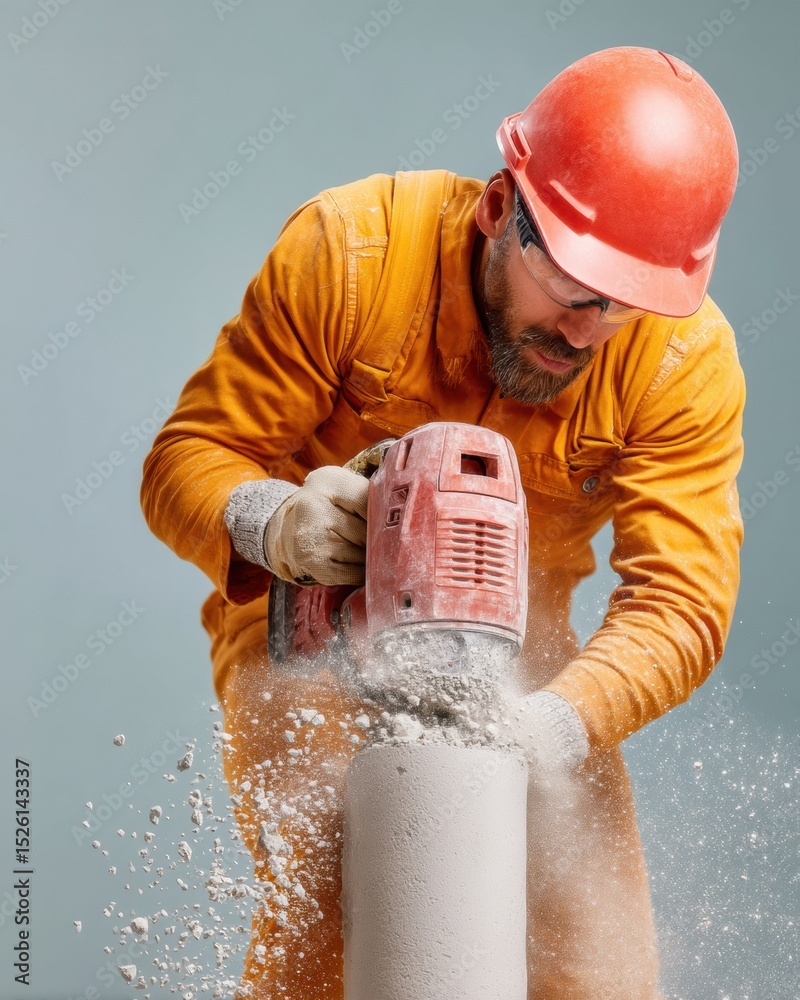 Poster construction worker operating core drill on concrete pillar with safety gear and dust particles indu