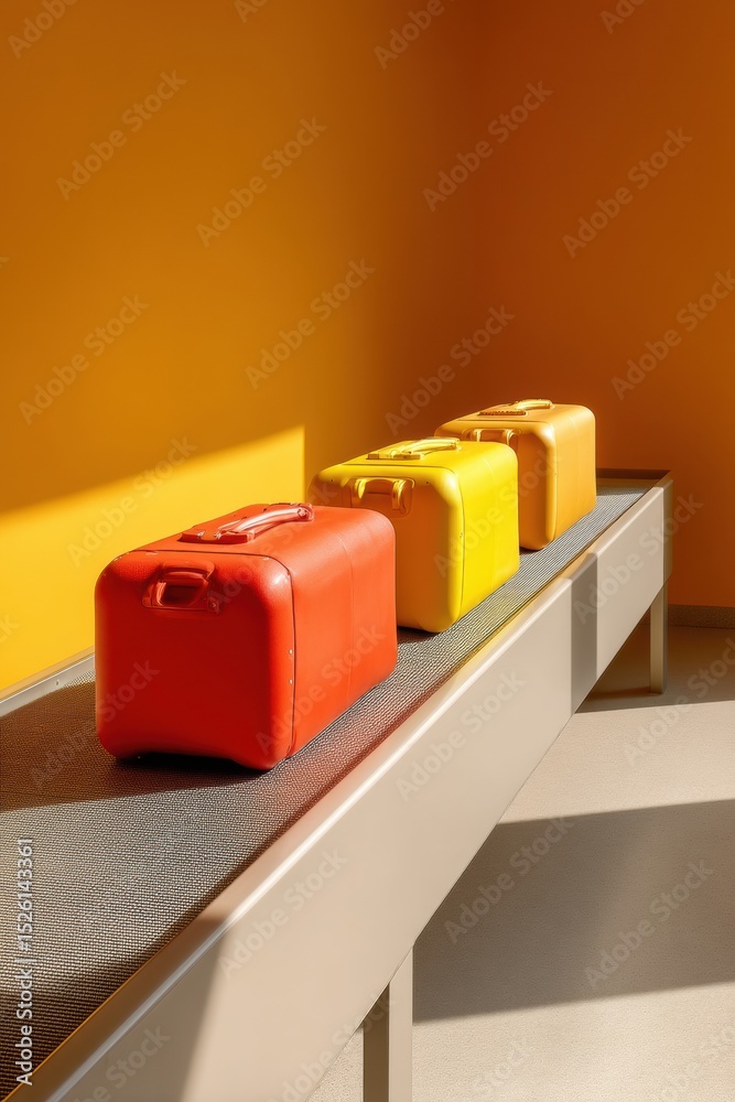 Poster Modern Colorful Suitcases on Conveyor Belt in Minimalist Airport Setting Highlighting Travel Transition and Automated Baggage Handling Systems