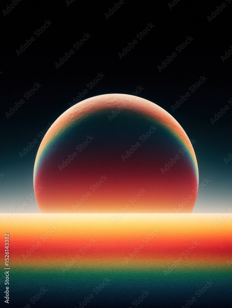 Poster minimalist new moon silhouette with stark contrast and neon gradient horizon - modern cosmic art for