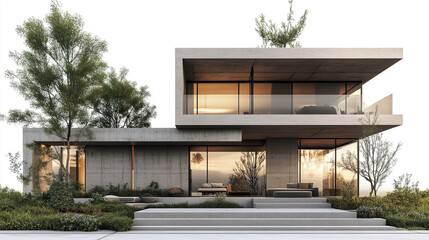 Fototapeta premium Modern concrete house with large windows and greenery, showcasing contemporary architecture
