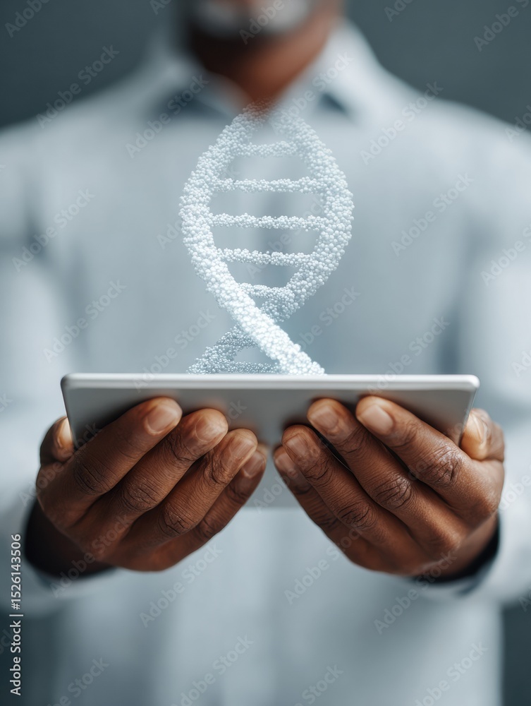 Poster medical professional holding tablet with dna helix projection representing digital genomic research 