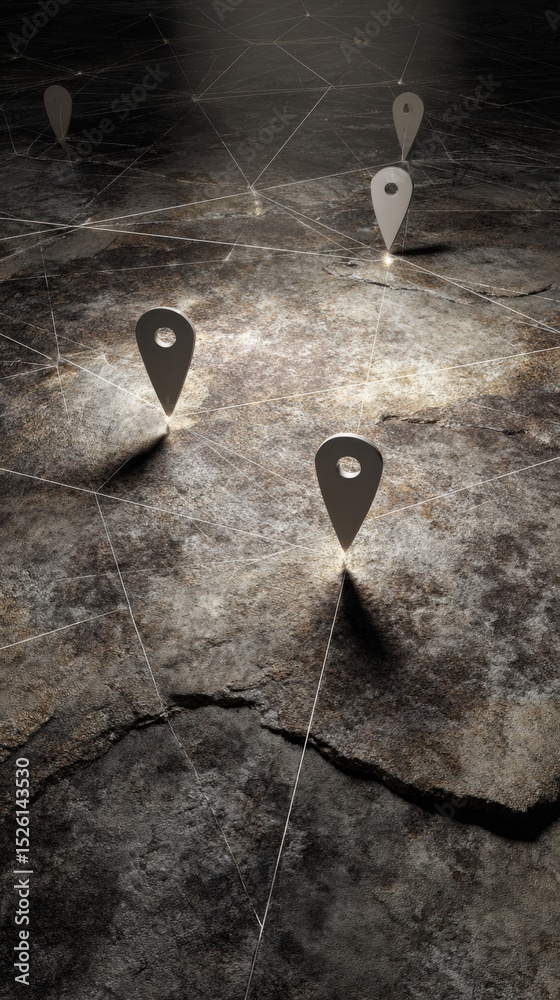 Aufkleber Dark Earth Terrain with Location Pins and Network Connections for Geospatial Analysis and Digital Mapping Software Promotion in Tech and Digital Industry