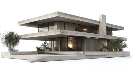 Fototapeta premium Modern concrete house with sleek design and large windows, surrounded by greenery