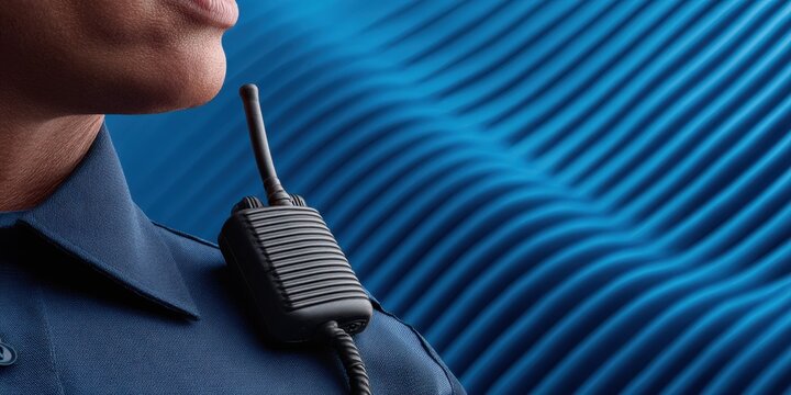 Modern Police Officer Using Walkie-Talkie for Emergency Communication in Uniform, Representing Public Safety and Community Protection