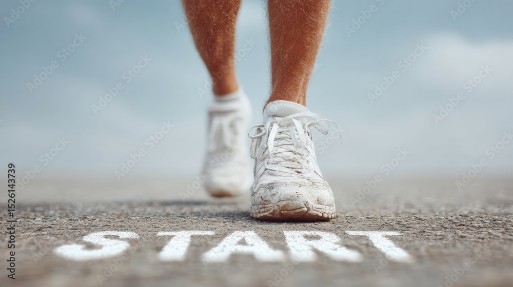 Poster dynamic close-up of runners athletic shoes on race track starting line with dust and texture - moder