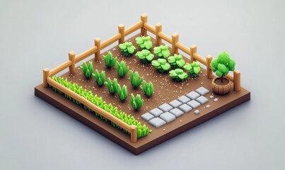 Isometric garden with vegetables, herbs, and a tree.  Perfect for blogs or websites about gardening