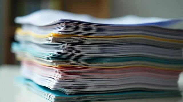 Stack of colorful folders, organized and professional, against a blurred office background.