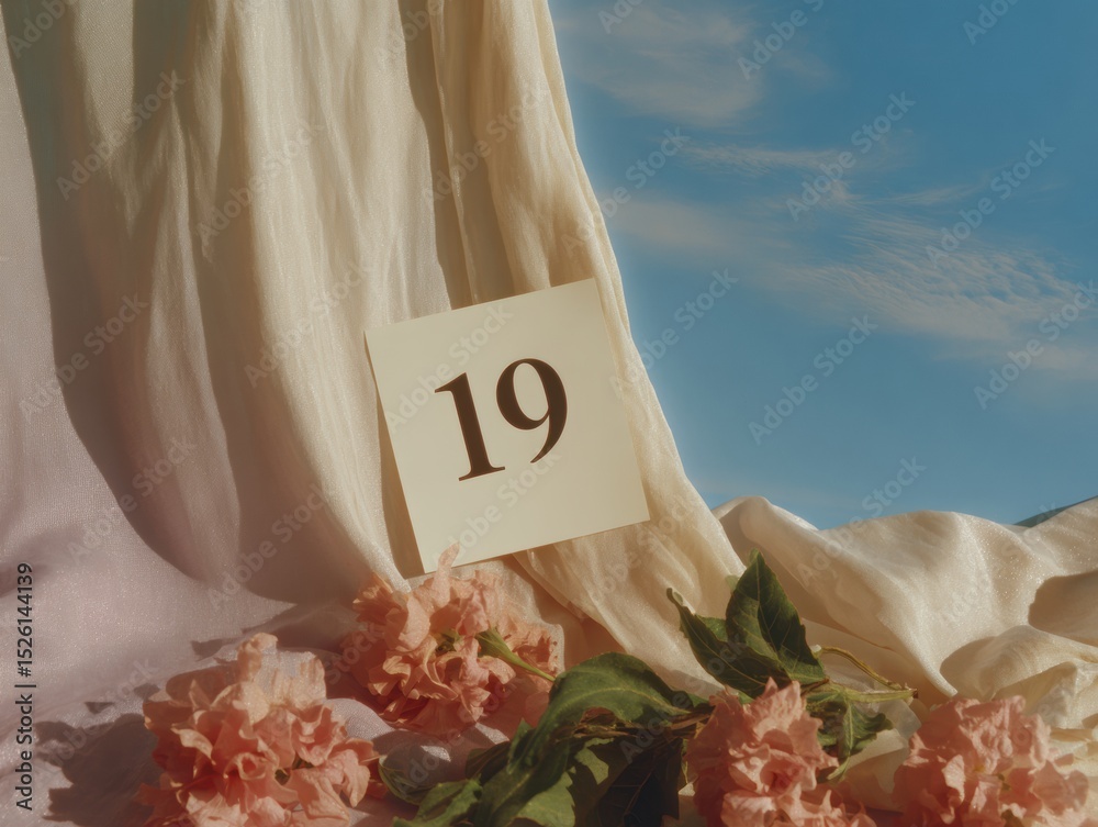 Poster minimalist calendar page with number 19 and soft draped fabric featuring floral accents for contempo