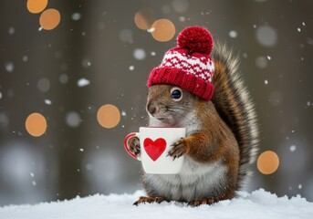 Squirrel wearing a hat holds a mug with a heart in the snow with bokeh lights