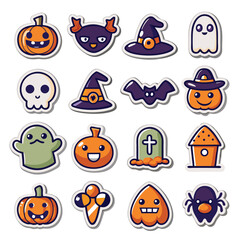 Cute and colorful halloween icons and stickers perfect for festive holiday designs
