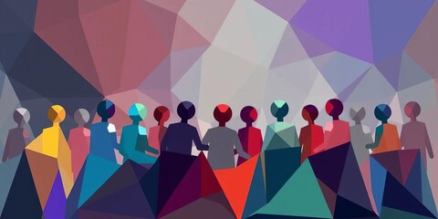 Abstract geometric shapes depict collaborative teamwork; diverse figures cooperate towards shared goals,  colleagues,  connection