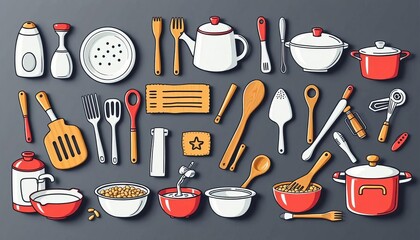 A cheerful doodle collection of kitchen utensils, cookware, and appliances  Perfect for cooking-themed designs,  recipe book,  oven