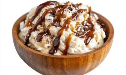 Caramel-topped ice cream in wooden bowl