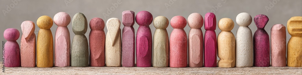 Poster Handcrafted Wooden Figurines in Diverse Shapes Representing Team Unity and Inclusion on Textured Surface for Workplace Culture and Collaborative Growth