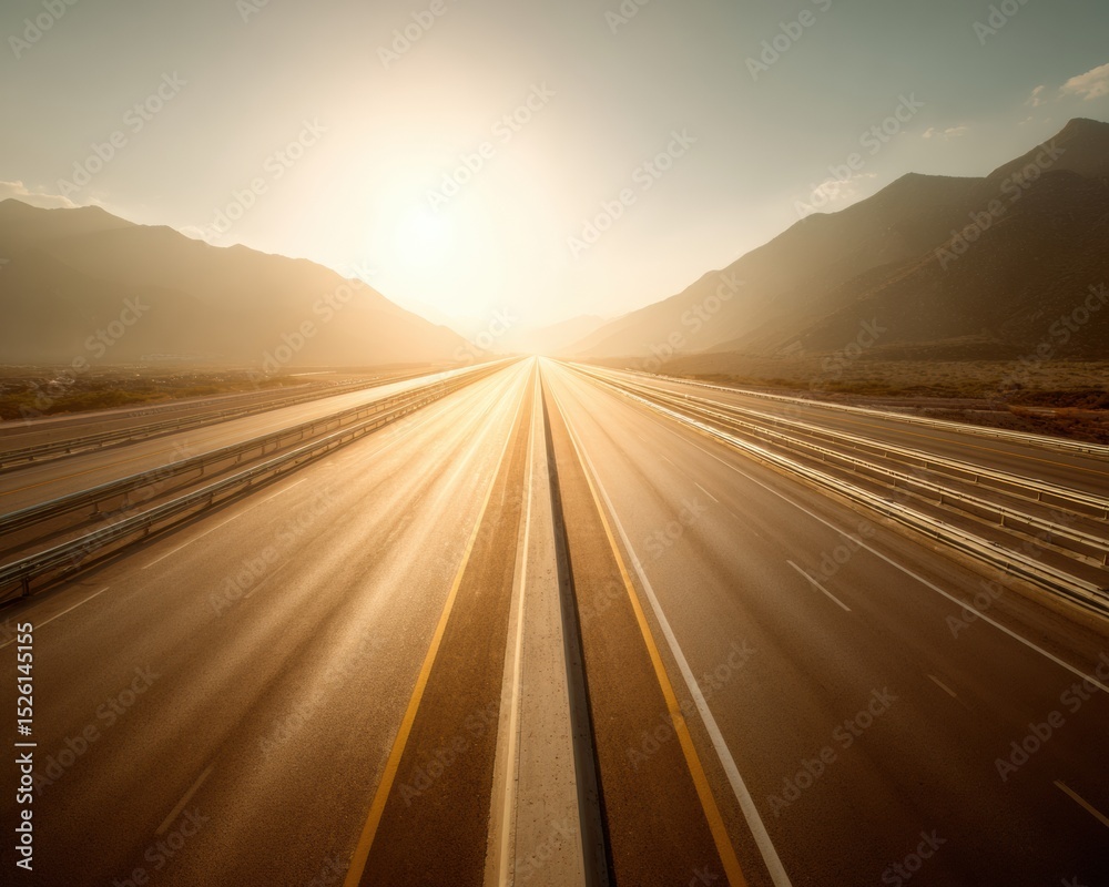 Poster Rustic Modern Highway Expressway at Golden Hour with Warm Earth Tone Lighting and Controlled Access for Efficient Transportation and Connectivity