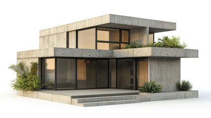 Modern concrete house with large windows and greenery, showcasing minimalist design