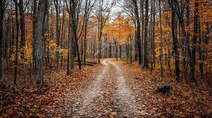 Fototapeta premium A winding dirt road through a forest with autumn leaves, leading towards a clearing with a bench.