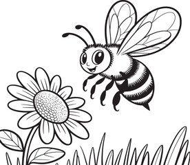 Adorable Bee and Daisy Illustration – Printable Black and White Art 