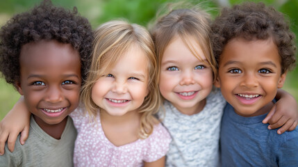 Happy multiethnic children hugging in a sunny park