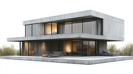 Modern concrete house with large windows and minimalist design, surrounded by greenery