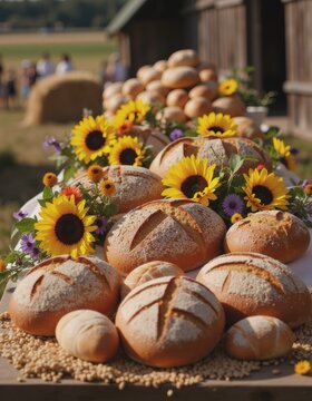 Traditional bread display at a Polish Dozynki harvest festival with sunflowers