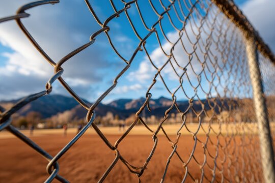 Sports Marketing Concept Showing Dugout View Through Chain Link Fence with Focus on Baseball Field Journey and Competitive Anticipation