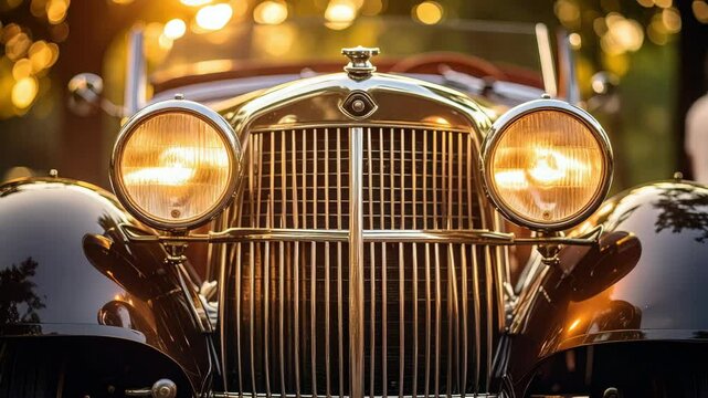 Golden age classic luxury car shining with headlights on at sunset.