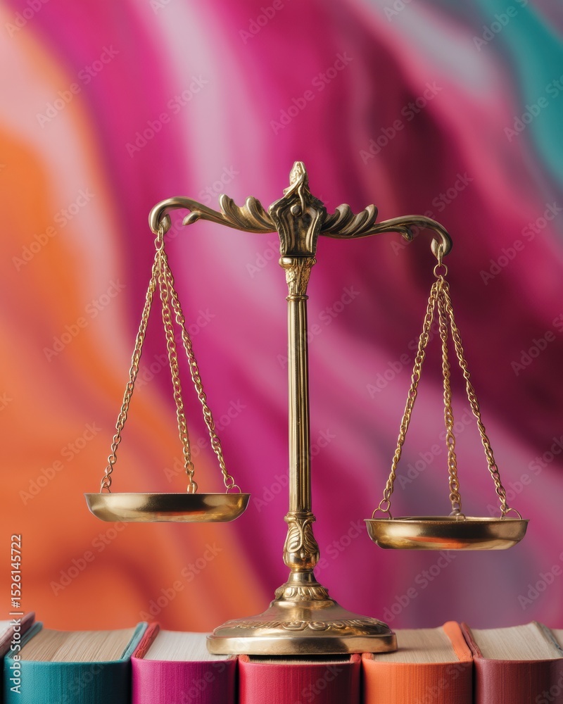 Aufkleber ornate brass balance scale on books with colorful abstract background symbolizing justice and equal 