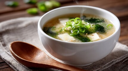 Steaming Bowl of Miso Soup with Tofu and Green Onions