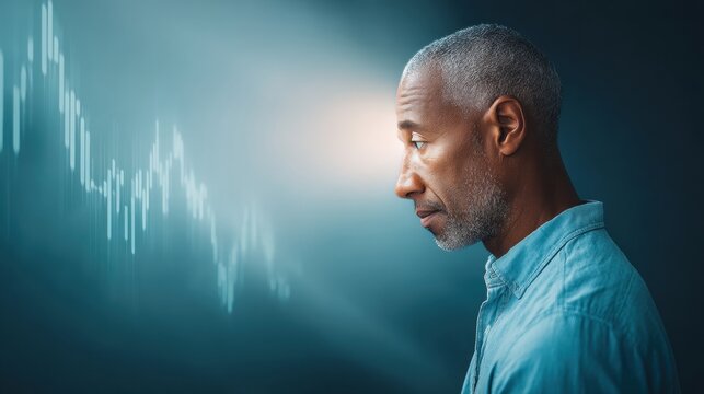 Stressed businessman analyzing downward financial chart in modern office, depicting economic downturn and market crash anxiety in business innovation context