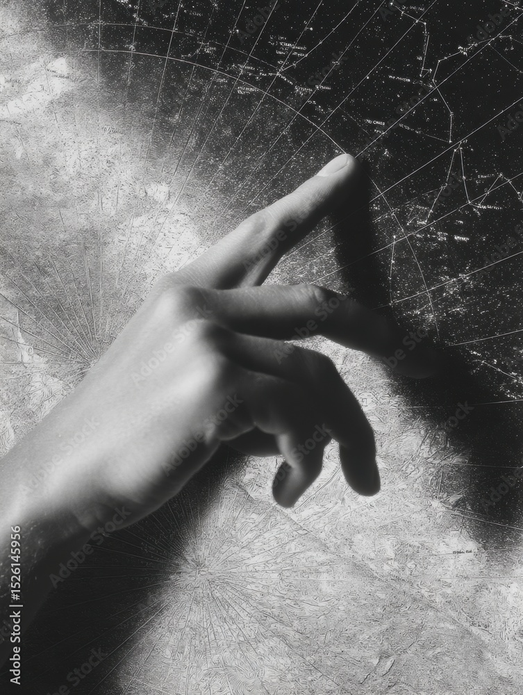 Poster celestial guidance with human hand tracing constellations on glowing astronomical map for educationa