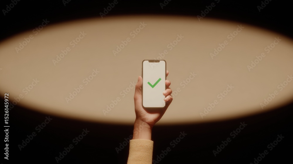 Poster Minimalist Mobile Booking Confirmation with Green Checkmark on Smartphone Screen, Modern Digital Verification for User Satisfaction and Service Completion