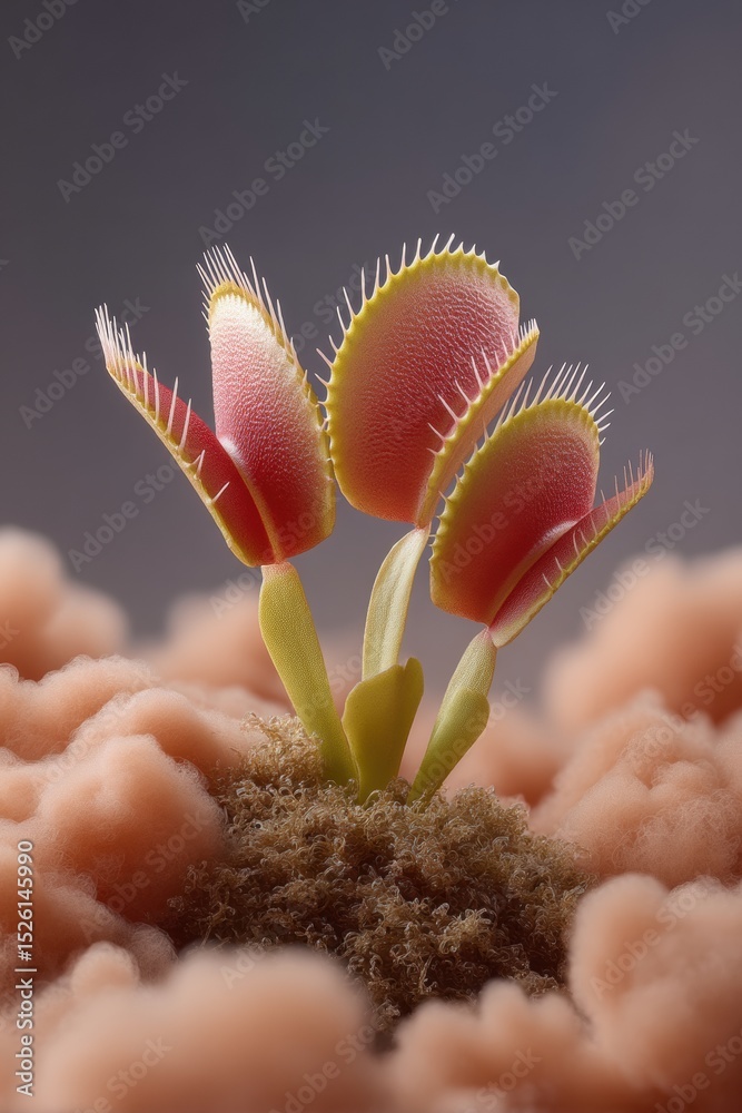 Poster close-up of venus flytrap plants with open textured traps and trigger hairs on moss, showcasing natu