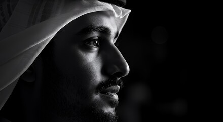 Black and White Portrait of a Man in Traditional Arab Headwear