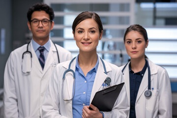 Ai generated image of three doctors, a man and two women, stand in a hospital hallway smiling confidently at the camera