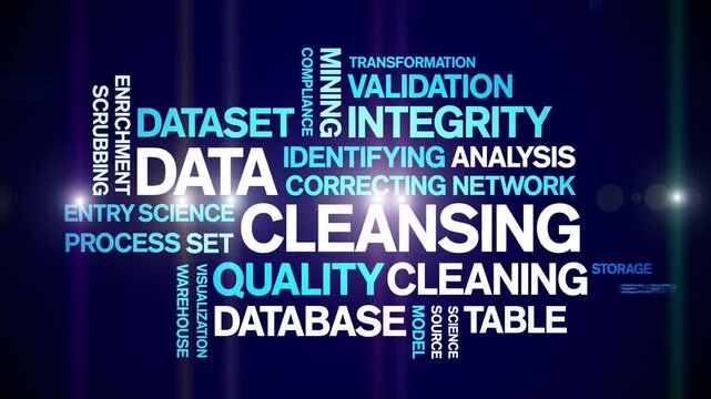 Data Cleansing animated word cloud;text design animation tag kinetic typography seamless loop.
