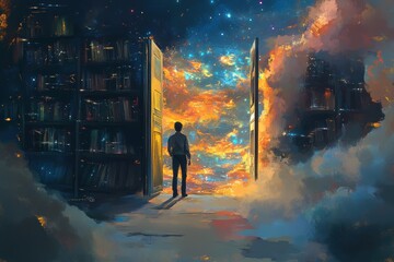 Exploring the intersection of technology and knowledge in a vibrant digital landscape with a door opening to endless possibilities