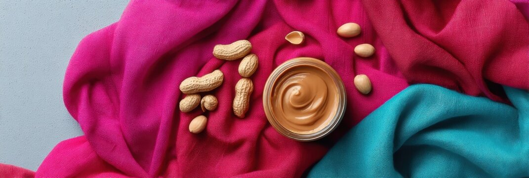 International Red Sneakers Day Allergy Awareness Creamy Peanut Butter with Whole Nuts on Colorful Fabric for Spring Seasonal Health and Earth Day Marketing