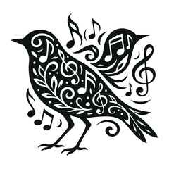 Musical Bird Silhouette with Notes and Treble Clefs