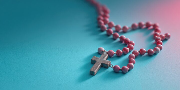 Whit Monday Devotional Cross and Rosary Beads with Futuristic Lighting for Pentecost and Memorial Day Spiritual Marketing in Spring Season - Powered by Adobe
