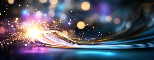 Obraz premium A colorful burst of light and wave patterns creating a vibrant abstract background.